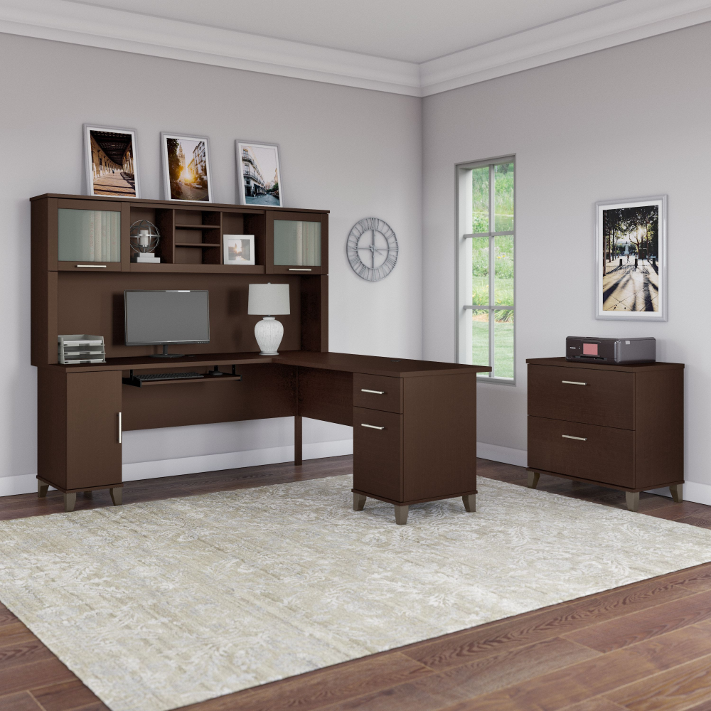 Shop Bush Furniture Somerset 72W L Shaped Desk with Hutch and Lateral File Cabinet, Image 01, SET009MR, #color_mocha cherry