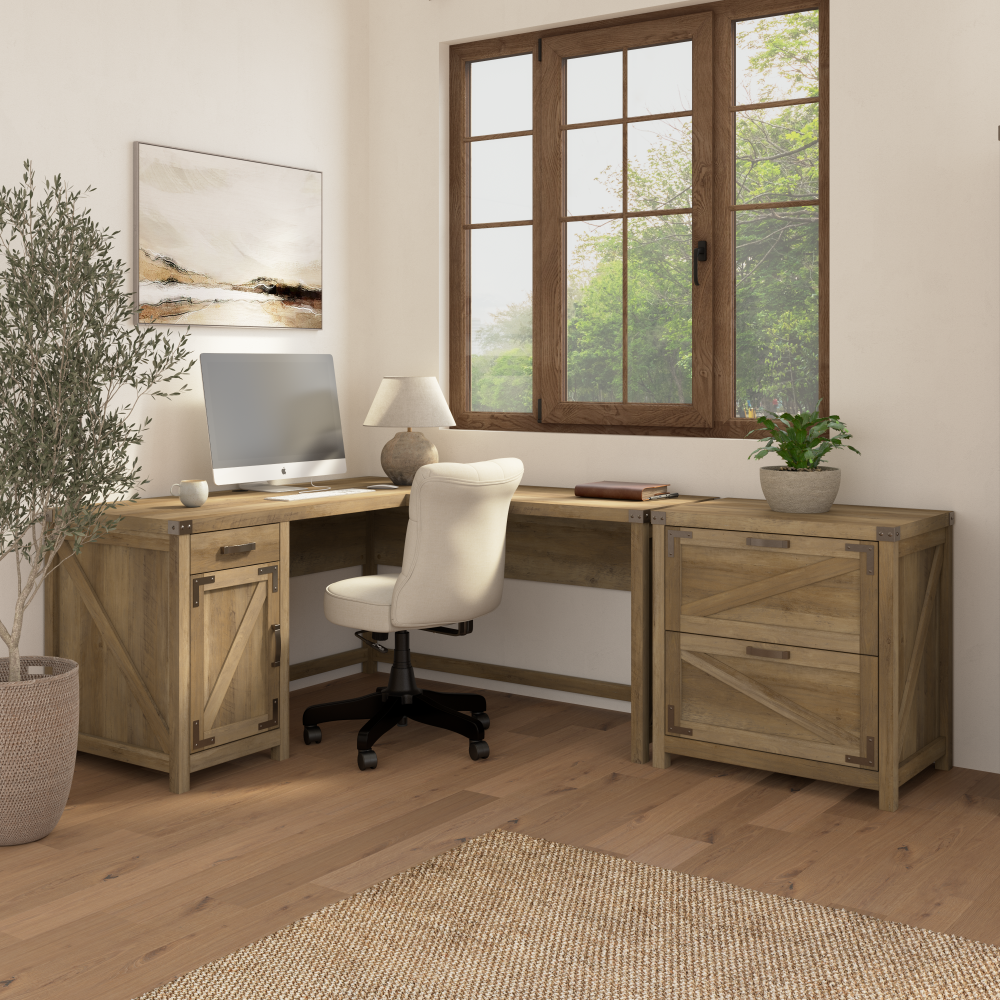 Shop Bush Furniture Knoxville 60W L Shaped Desk with 2 Drawer Lateral File Cabinet, Image 01, CGR004RCP, #color_reclaimed pine