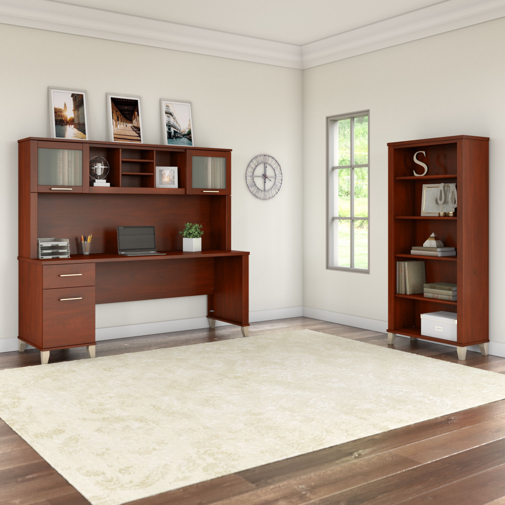 Shop Bush Furniture Somerset 72W Office Desk with Hutch and 5 Shelf Bookcase, Image 01, SET020HC, #color_hansen cherry