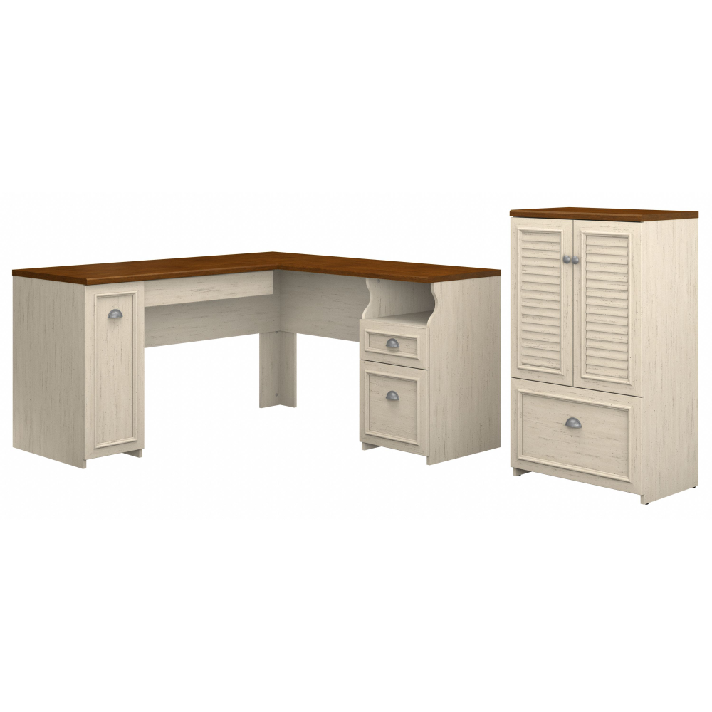 Shop Bush Furniture Fairview 60W L Shaped Desk and 2 Door Storage Cabinet with File Drawer, Image 02, FV009AW, #color_antique white/tea maple