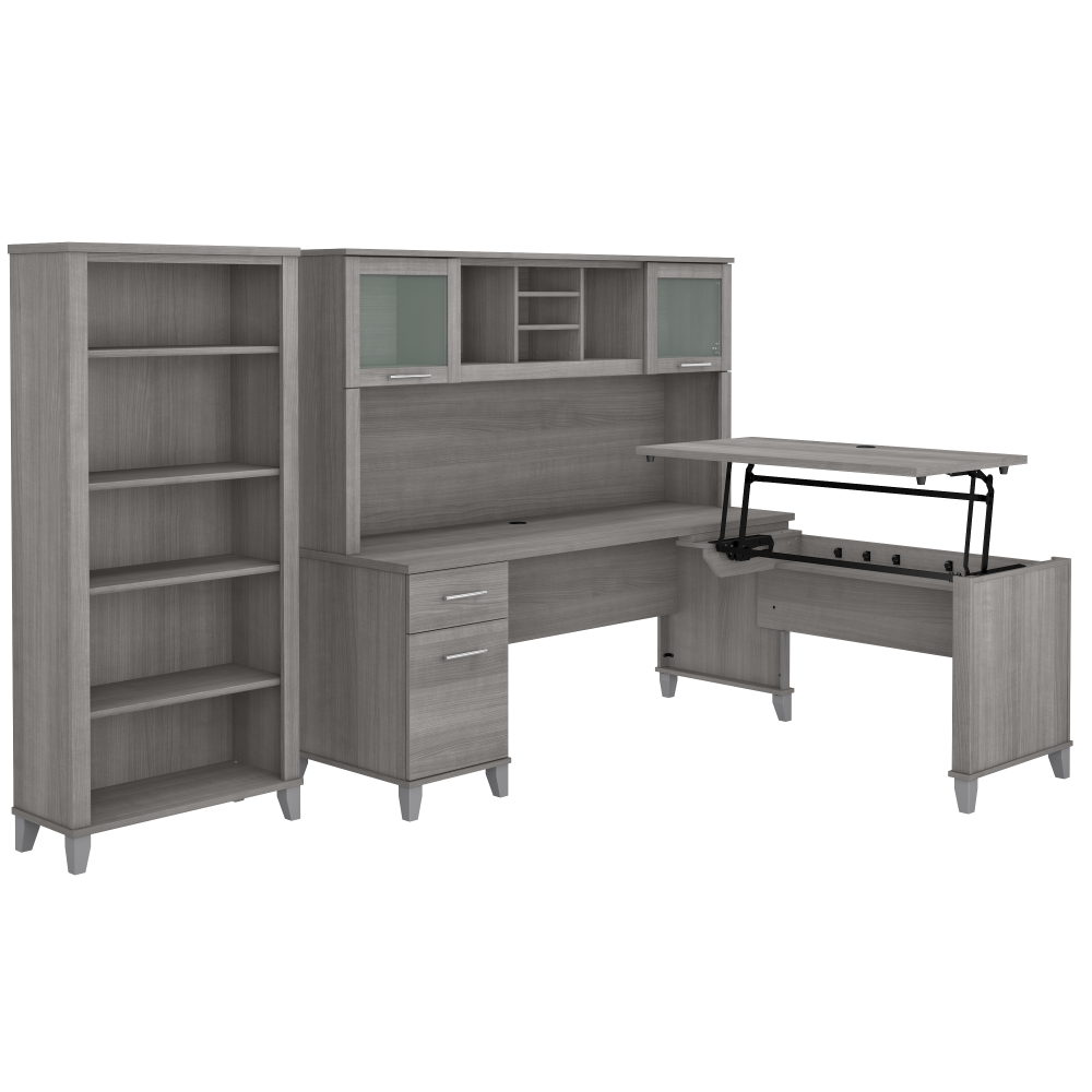 Shop Bush Furniture Somerset 72W 3 Position Sit to Stand L Shaped Desk with Hutch and Bookcase, Image 02, SET017PG, #color_platinum gray
