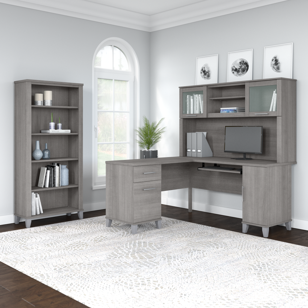 Shop Bush Furniture Somerset 60W L Shaped Desk with Hutch and 5 Shelf Bookcase, Image 01, SET010PG, #color_platinum gray