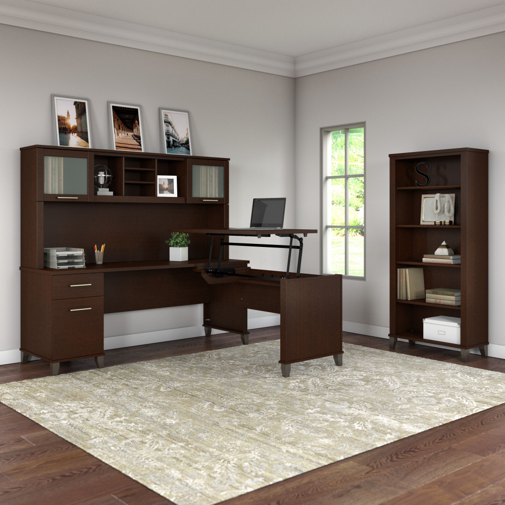 Shop Bush Furniture Somerset 72W 3 Position Sit to Stand L Shaped Desk with Hutch and Bookcase, Image 01, SET017MR, #color_mocha cherry