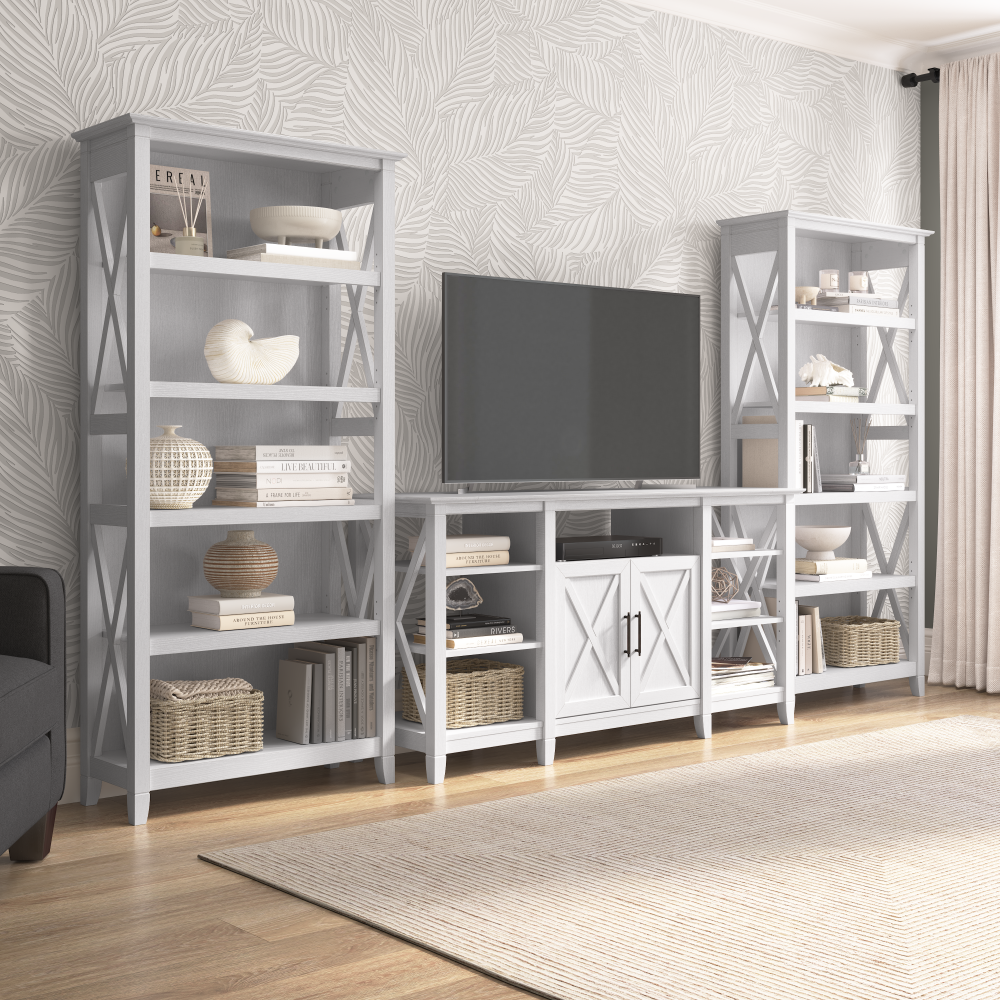 Shop Bush Furniture Key West Tall TV Stand with Set of 2 Bookcases, Image 01, KWS027WT, #color_pure white oak
