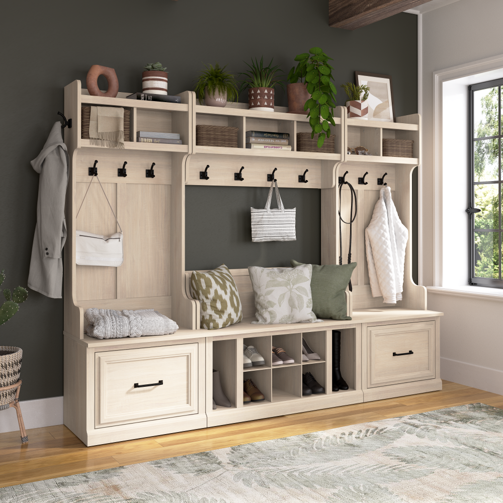 Shop Bush Furniture Woodland Full Entryway Storage Set with Coat Rack and Shoe Bench with Drawers, Image 01, WDL014WM, #color_white washed maple