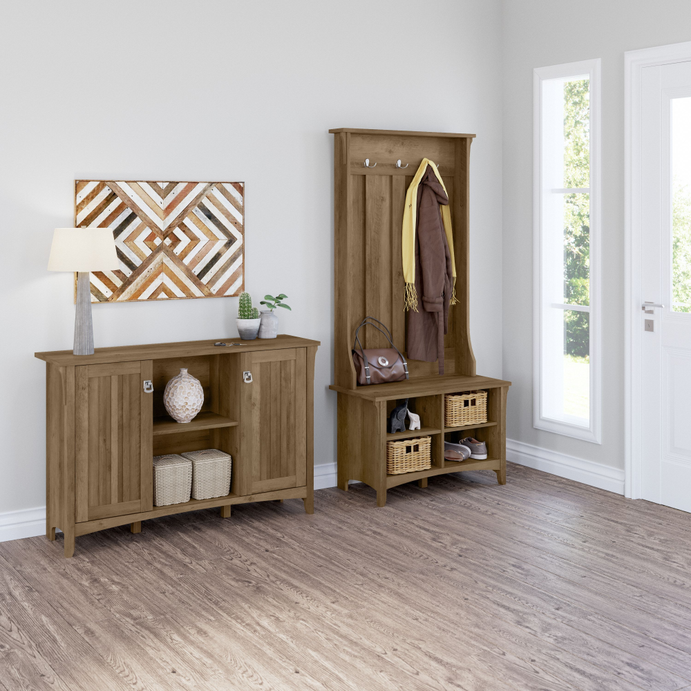 Shop Bush Furniture Salinas Entryway Storage Set with Hall Tree, Shoe Bench and Accent Cabinet, Image 01, SAL008RCP, #color_reclaimed pine