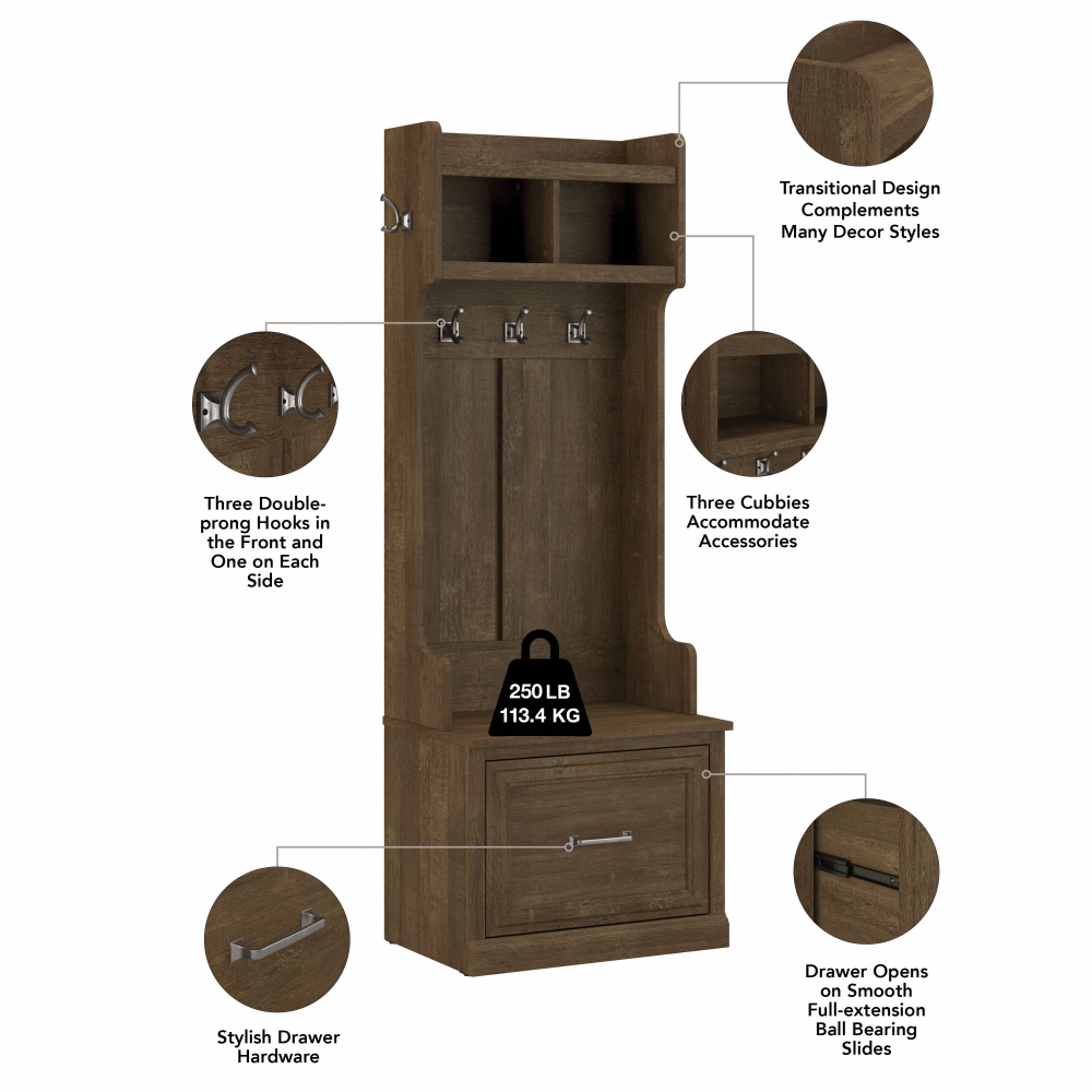 Shop Bush Furniture Woodland Full Entryway Storage Set with Coat Rack and Shoe Bench with Drawers, Image 06, WDL014ABR, #color_ash brown