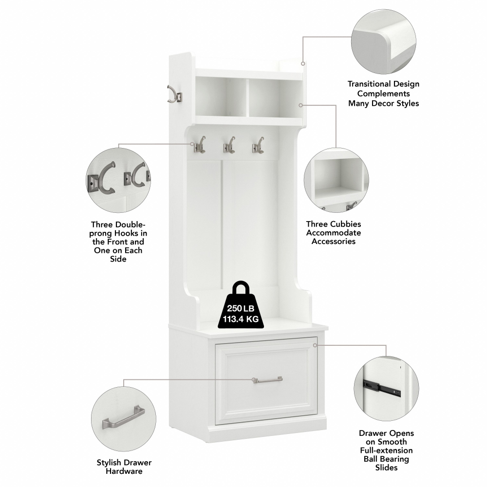 Shop Bush Furniture Woodland Entryway Storage Set with Hall Trees and Shoe Bench with Drawers, Image 07, WDL012WAS, #color_white ash