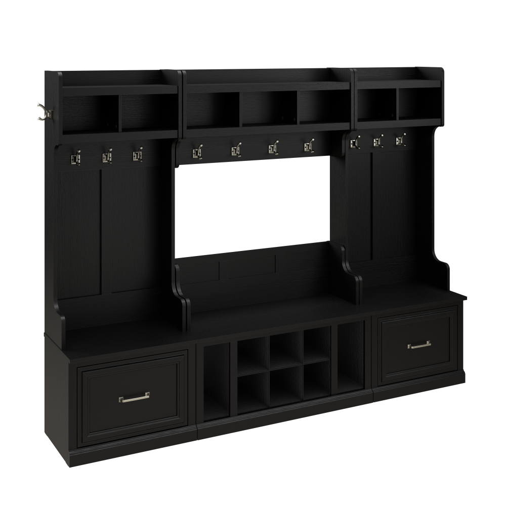 Shop Bush Furniture Woodland Full Entryway Storage Set with Coat Rack and Shoe Bench with Drawers, Image 02, WDL014BS, #color_black suede oak