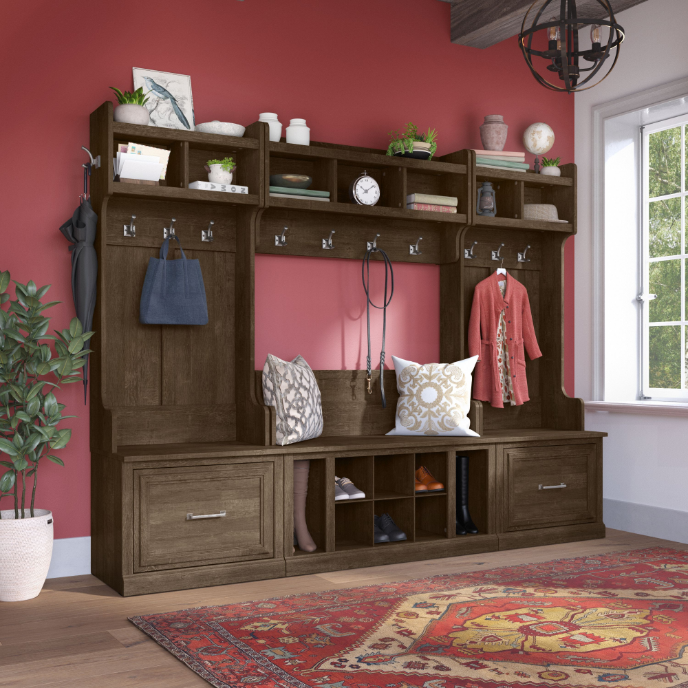 Shop Bush Furniture Woodland Full Entryway Storage Set with Coat Rack and Shoe Bench with Drawers, Image 01, WDL014ABR, #color_ash brown