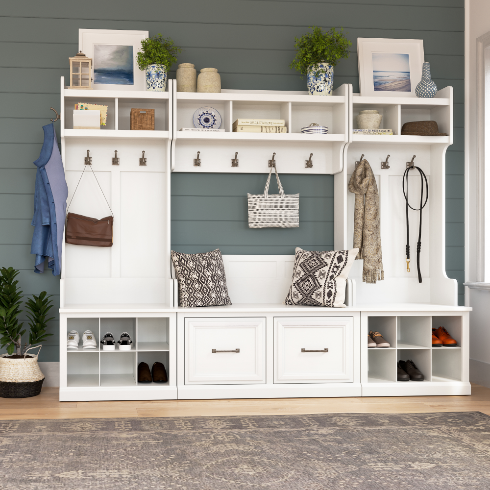 Shop Bush Furniture Woodland Entryway Storage Set with Hall Trees and Shoe Bench with Drawers, Image 03, WDL012WAS, #color_white ash