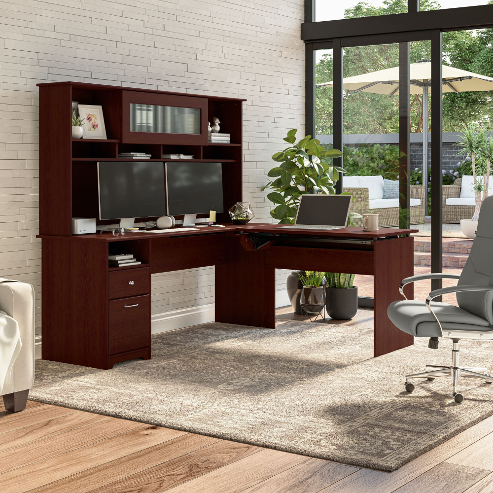 Shop Bush Furniture Cabot 72W 3 Position Sit to Stand L Shaped Desk with Hutch, Image 03, CAB052HVC, #color_harvest cherry