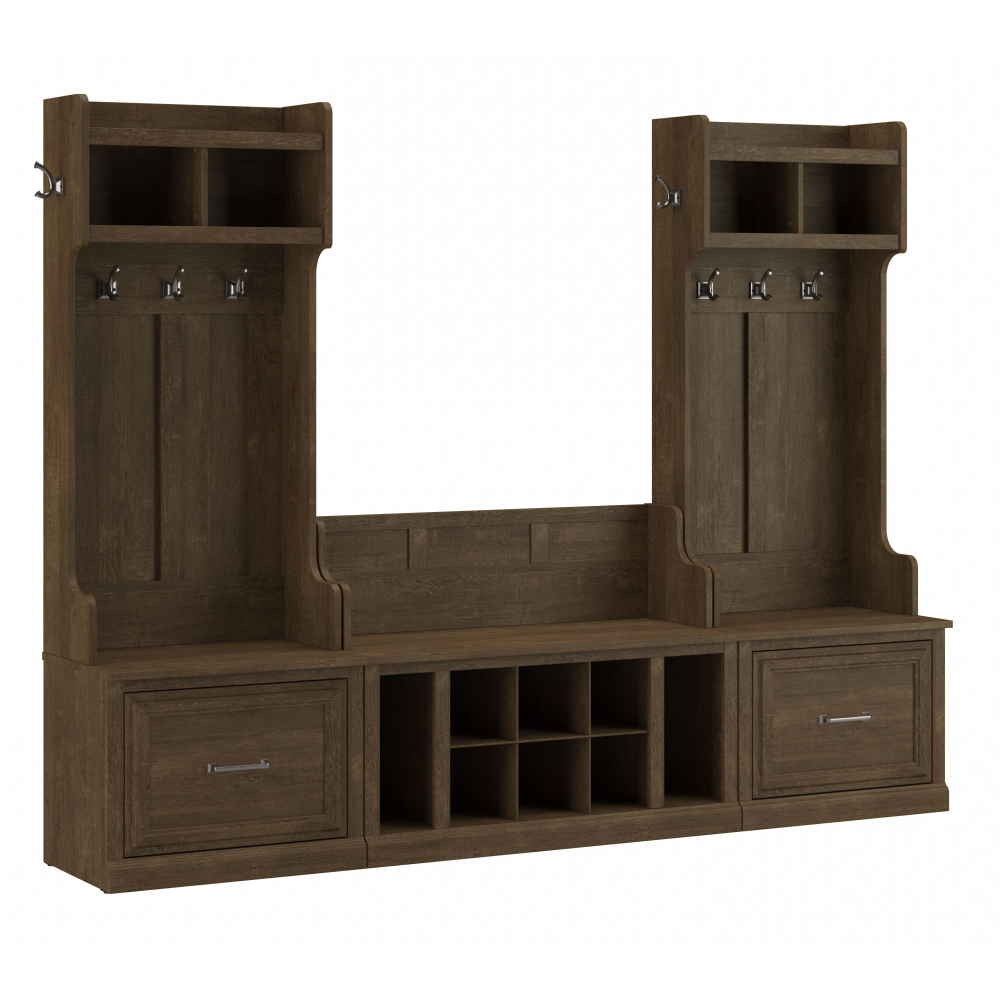 Shop Bush Furniture Woodland Entryway Storage Set with Hall Trees and Shoe Bench with Drawers, Image 02, WDL012ABR, #color_ash brown