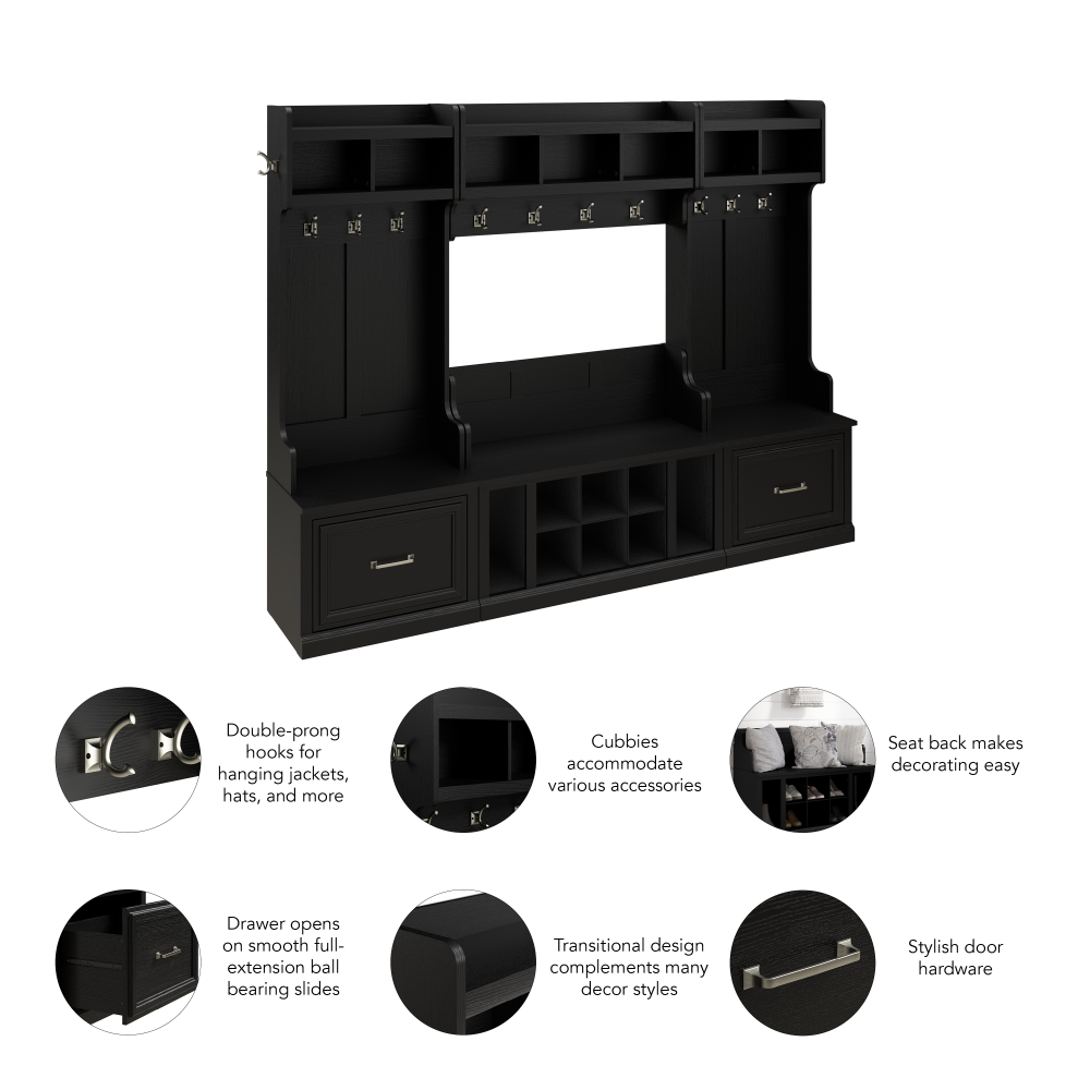 Shop Bush Furniture Woodland Full Entryway Storage Set with Coat Rack and Shoe Bench with Drawers, Image 06, WDL014BS, #color_black suede oak
