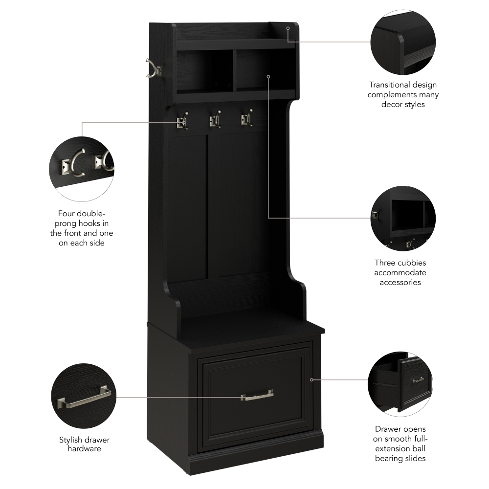 Shop Bush Furniture Woodland 24W Hall Tree and Small Shoe Bench with Drawer, Image 07, WDL007BS, #color_black suede oak