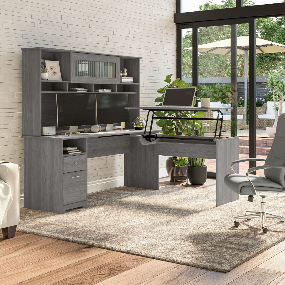 Shop Bush Furniture Cabot 72W 3 Position Sit to Stand L Shaped Desk with Hutch, Image 01, CAB052MG, #color_modern gray