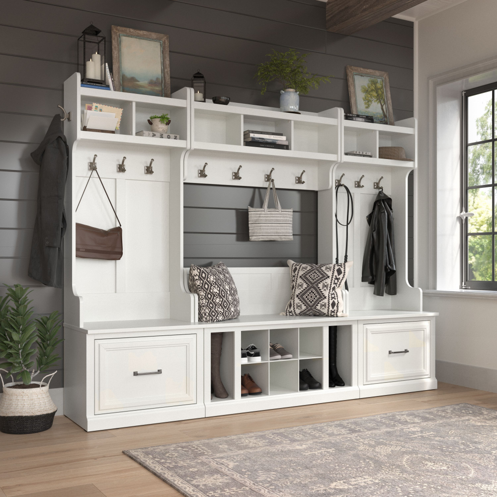 Shop Bush Furniture Woodland Full Entryway Storage Set with Coat Rack and Shoe Bench with Drawers, Image 01, WDL014WAS, #color_white ash
