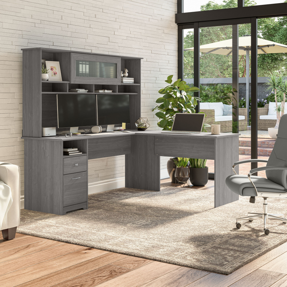 Shop Bush Furniture Cabot 72W L Shaped Computer Desk with Hutch and Drawers, Image 01, CAB053MG, #color_modern gray