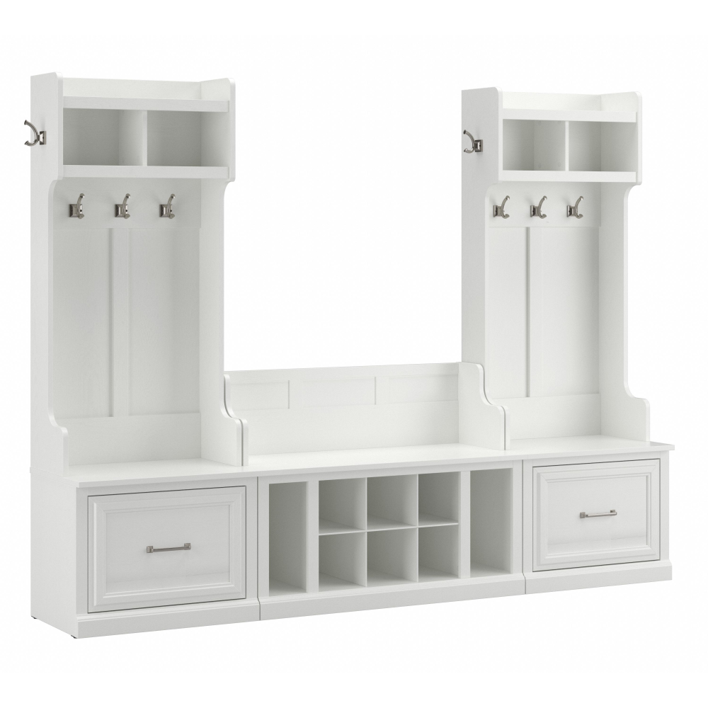 Shop Bush Furniture Woodland Entryway Storage Set with Hall Trees and Shoe Bench with Drawers, Image 02, WDL012WAS, #color_white ash