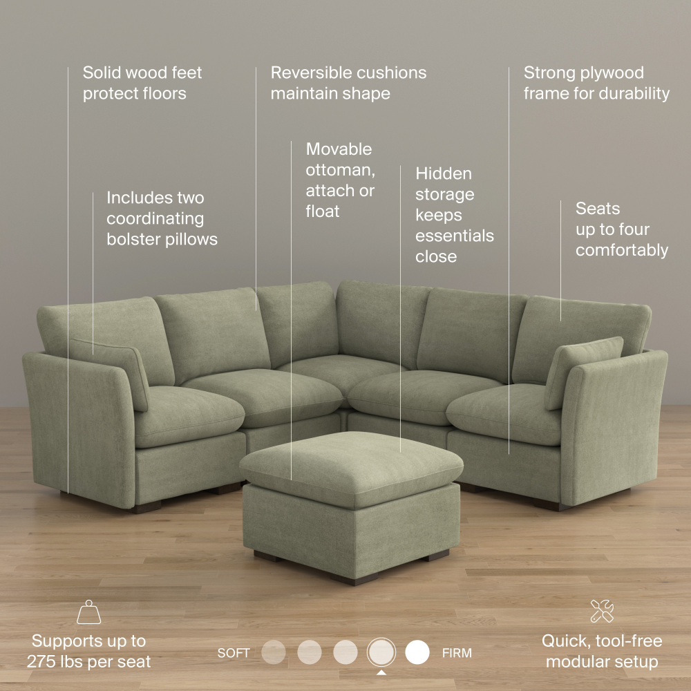 Shop Bush Home Sienna Modular 4-Seater Sectional with Storage Ottoman, Image 08, SNA005SGW, #color_soft green