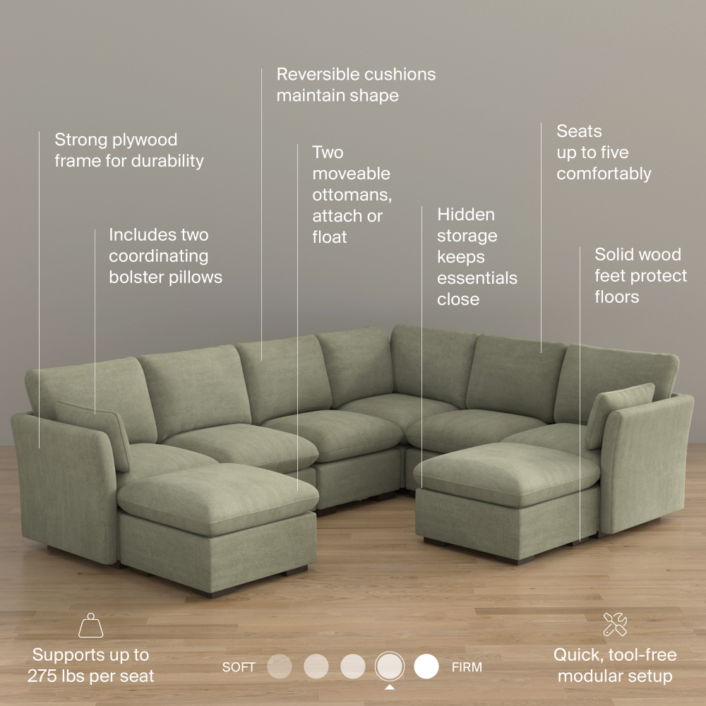 Shop Bush Home Sienna Modular 5-Seater Sectional with Set of 2 Storage Ottomas, Image 08, SNA007SGW, #color_soft green