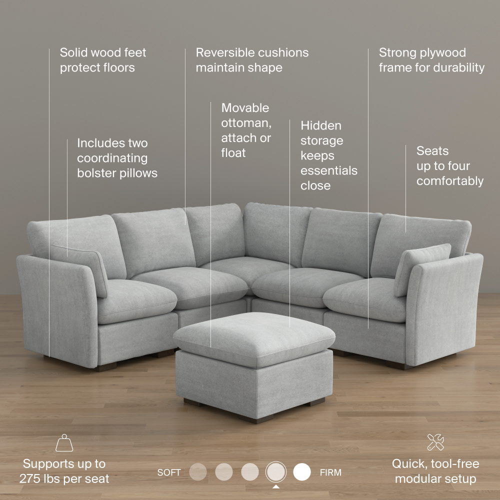 Shop Bush Home Sienna Modular 4-Seater Sectional with Storage Ottoman, Image 08, SNA005DGW, #color_dove gray