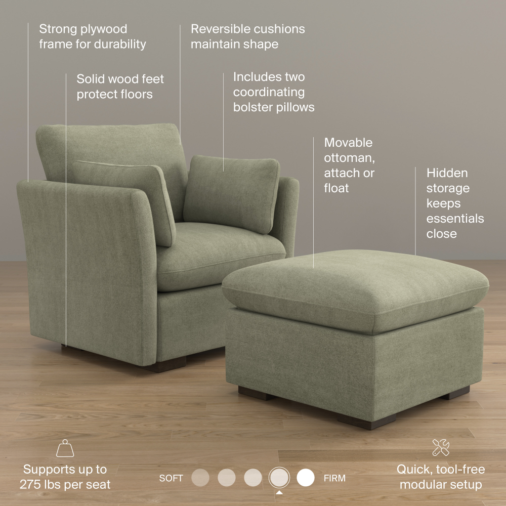 Shop Bush Home Sienna Modular Accent Chair with Storage Ottoman, Image 08, SNA010SGW, #color_soft green