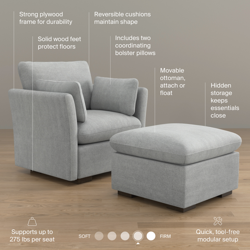 Shop Bush Home Sienna Modular Accent Chair with Storage Ottoman, Image 08, SNA010DGW, #color_dove gray