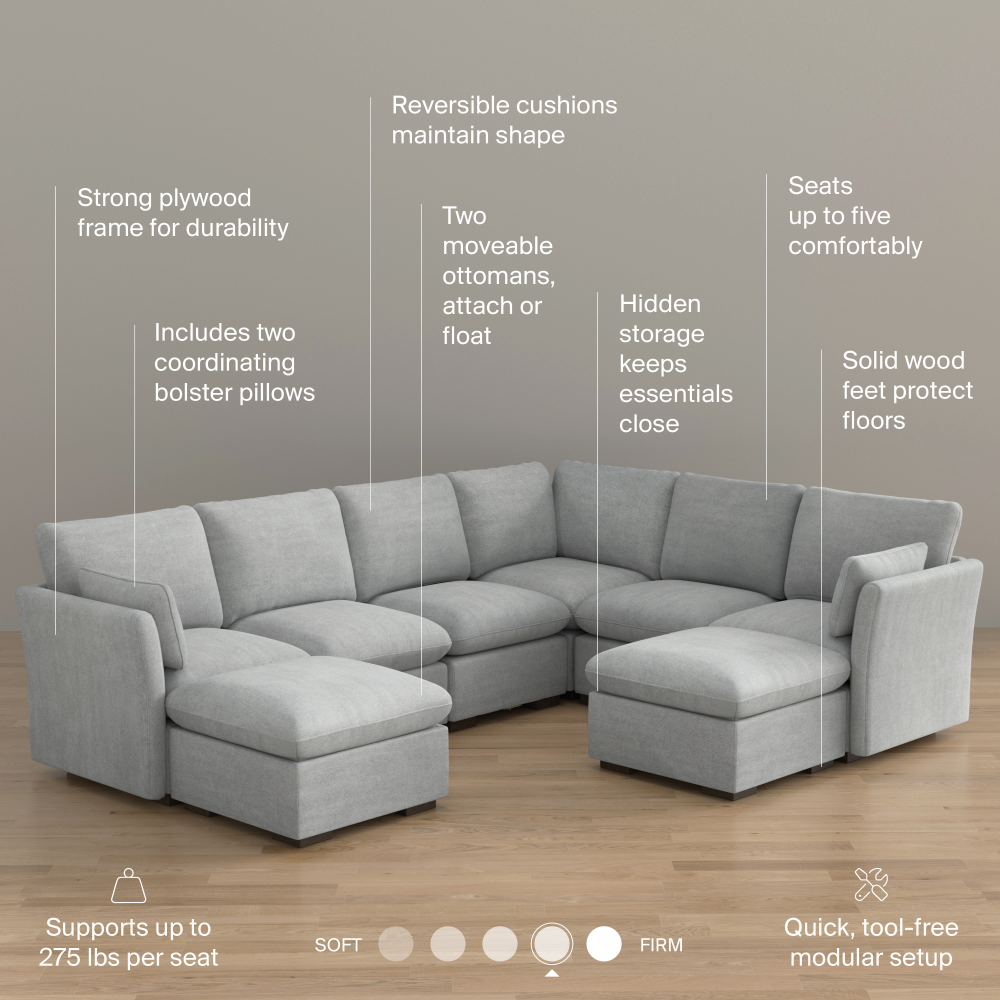 Shop Bush Home Sienna Modular 5-Seater Sectional with Set of 2 Storage Ottomans, Image 08, SNA007DGW, #color_dove gray