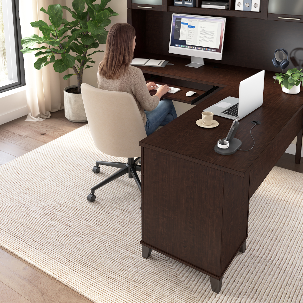 Shop Bush Home Somerset 72W L Shaped Desk with Hutch, Image 03, SET001MR, #color_mocha cherry