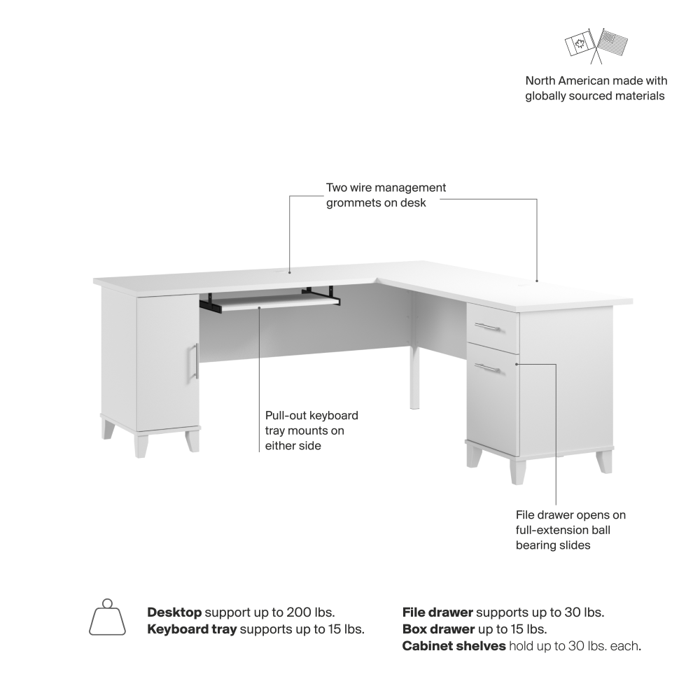 Shop Bush Home Somerset 72W L Shaped Desk with Storage, Image 07, WC81910K, #color_white