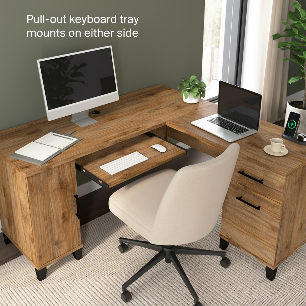 Shop Bush Home Somerset 60W L Shaped Desk with Storage, Image 06, WC81330K, #color_fresh walnut