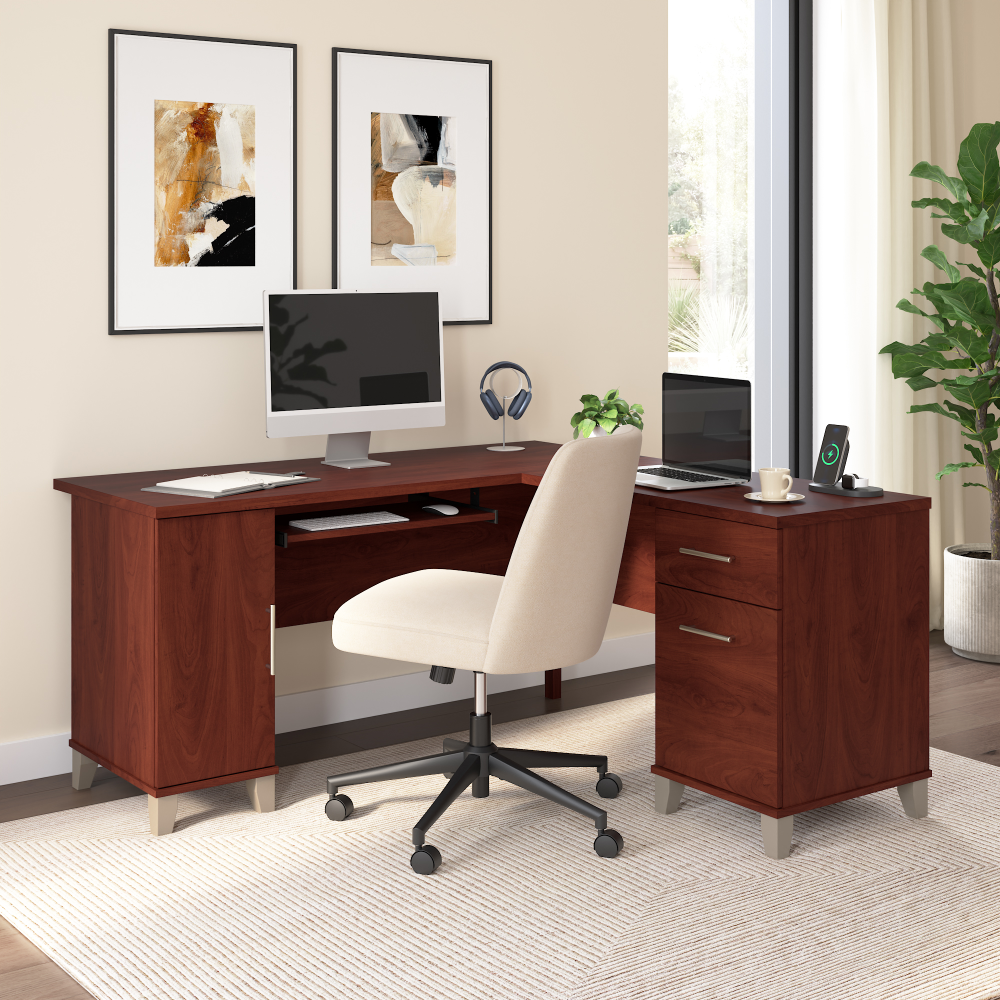 Shop Bush Home Somerset 60W L Shaped Desk with Storage, Image 01, WC81730K, #color_hansen cherry