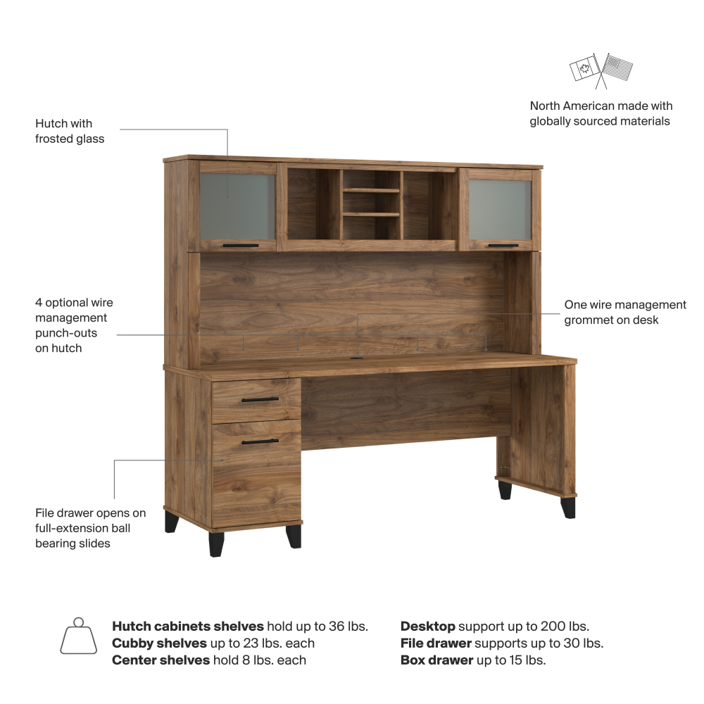 Shop Bush Home Somerset 72W Office Desk with Drawers and Hutch, Image 07, SET018FW, #color_fresh walnut