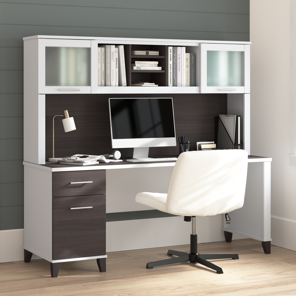 Shop Bush Home Somerset 72W Office Desk with Drawers and Hutch, Image 01, SET018SGWH, #color_storm gray/white