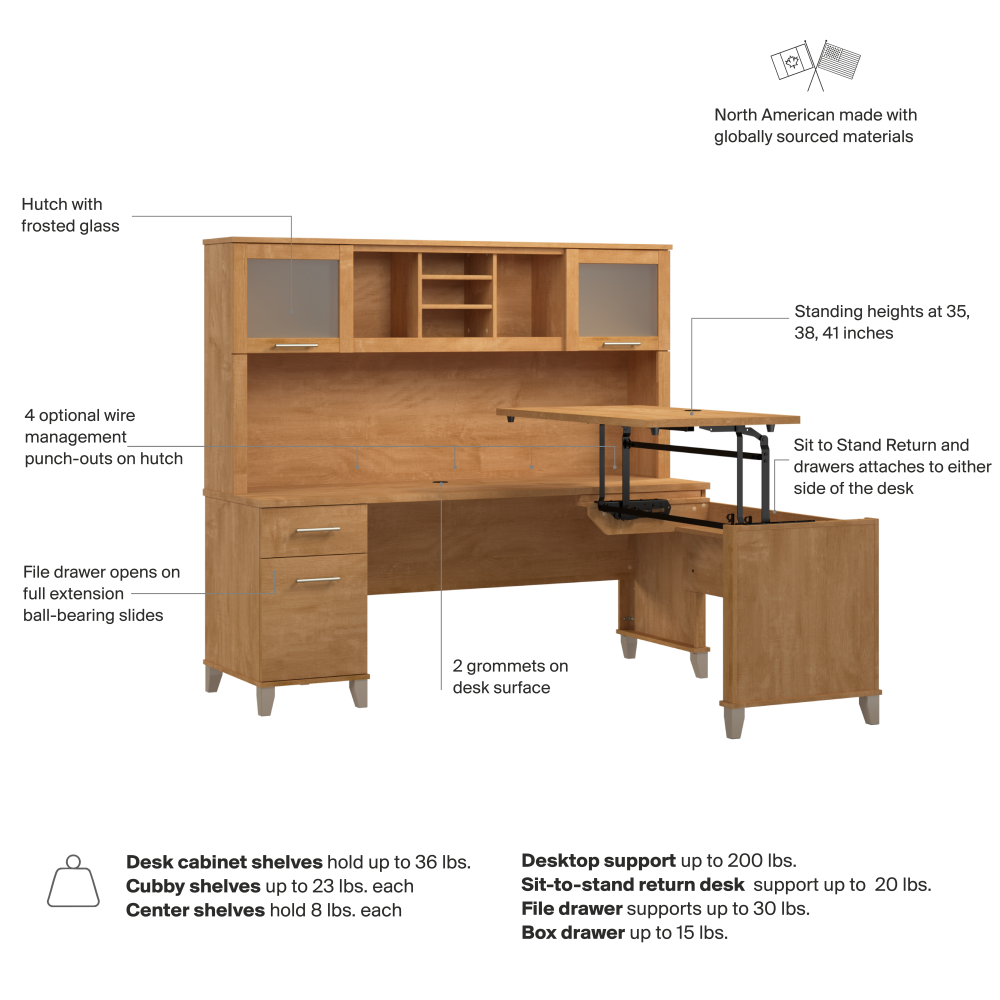 Shop Bush Home Somerset 72W L-Shaped Sit to Stand Desk with Hutch, Image 07, SET015MC, #color_maple cross