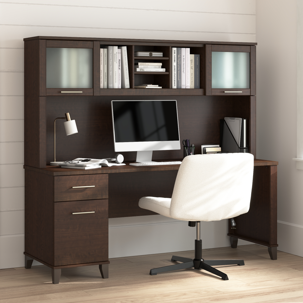 Shop Bush Home Somerset 72W Office Desk with Drawers and Hutch, Image 01, SET018MR, #color_mocha cherry
