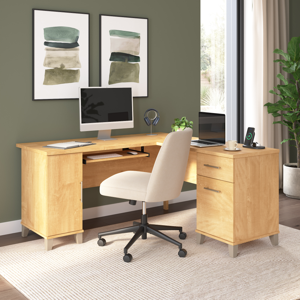 Shop Bush Home Somerset 60W L Shaped Desk with Storage, Image 01, WC81430K, #color_maple cross