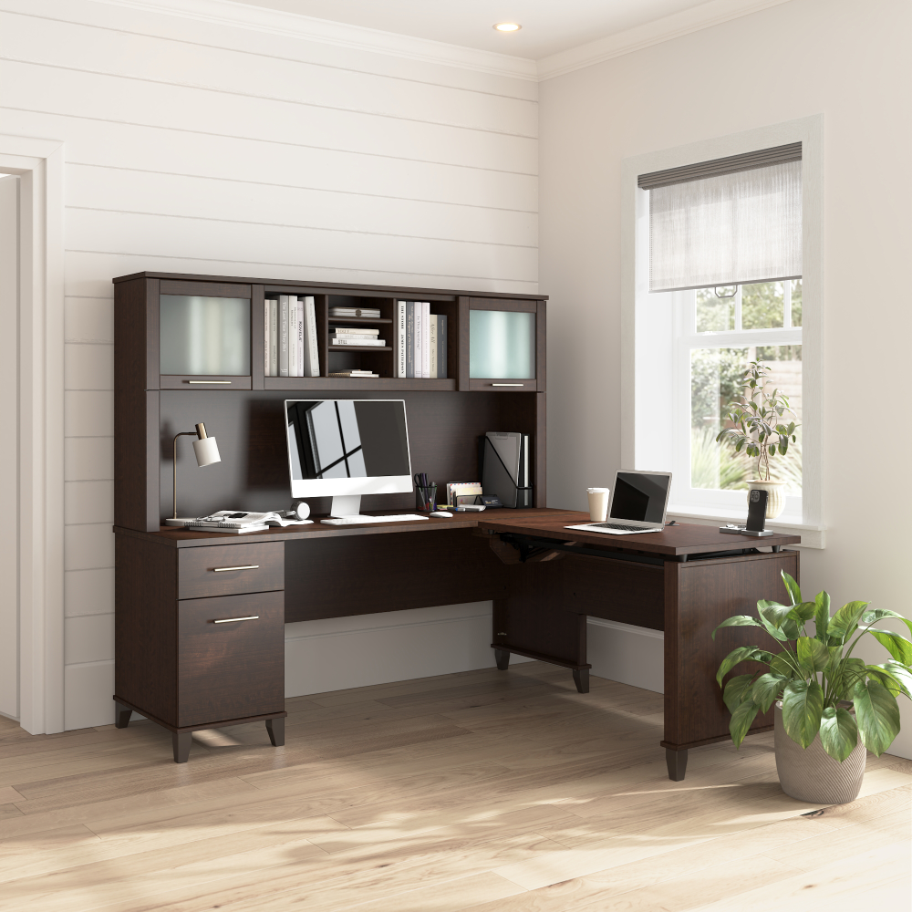Shop Bush Home Somerset 72W L-Shaped Sit to Stand Desk with Hutch, Image 01, SET015MR, #color_mocha cherry