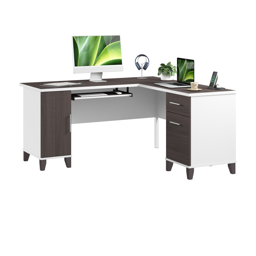 Shop Bush Home Somerset 60W L Shaped Desk with Storage, Image 02, WC81030K, #color_storm gray/white