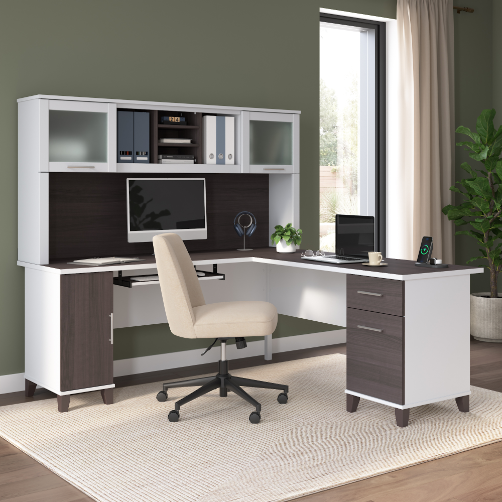 Shop Bush Home Somerset 72W L Shaped Desk with Hutch, Image 01, SET001SGWH, #color_storm gray/white