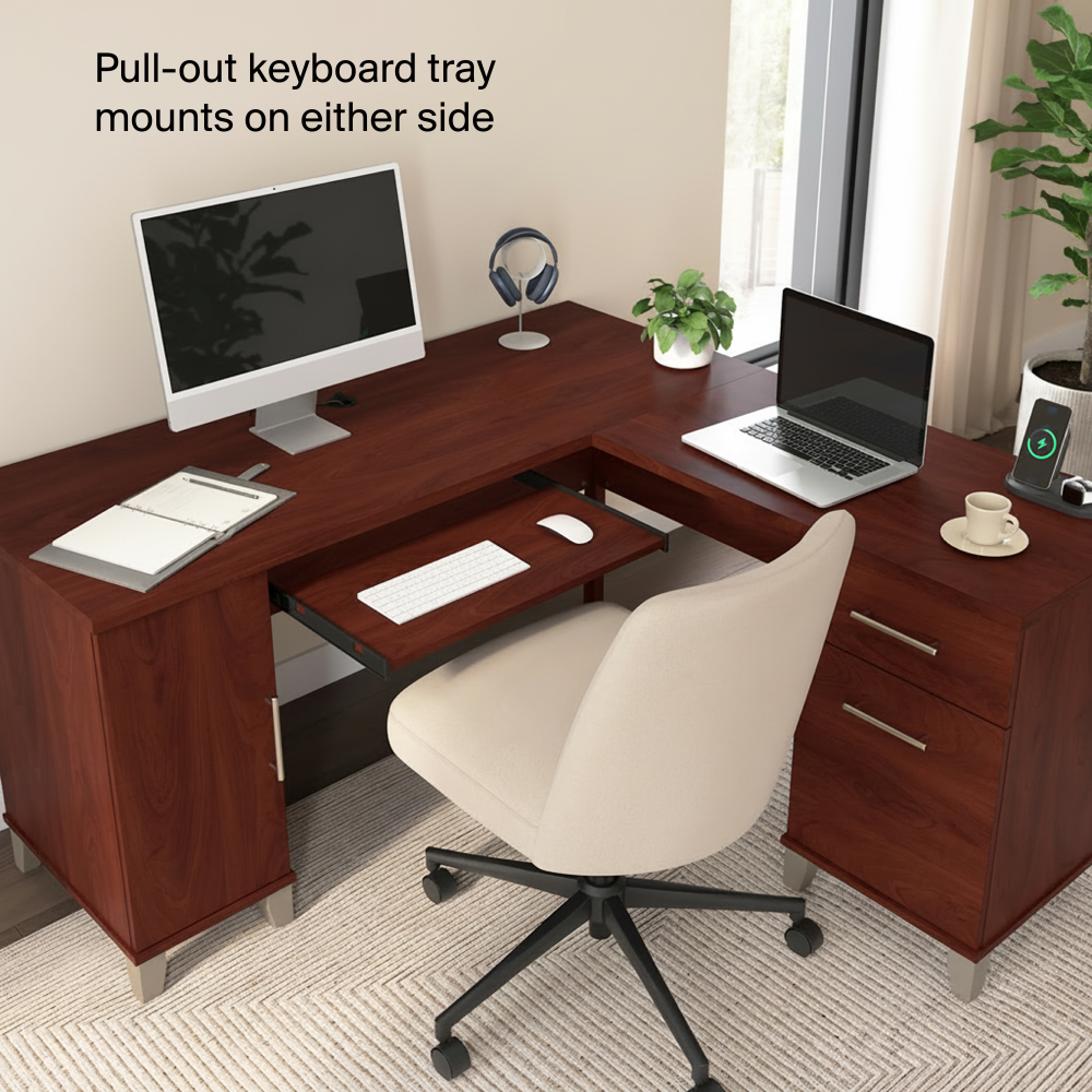 Shop Bush Home Somerset 60W L Shaped Desk with Storage, Image 06, WC81730K, #color_hansen cherry