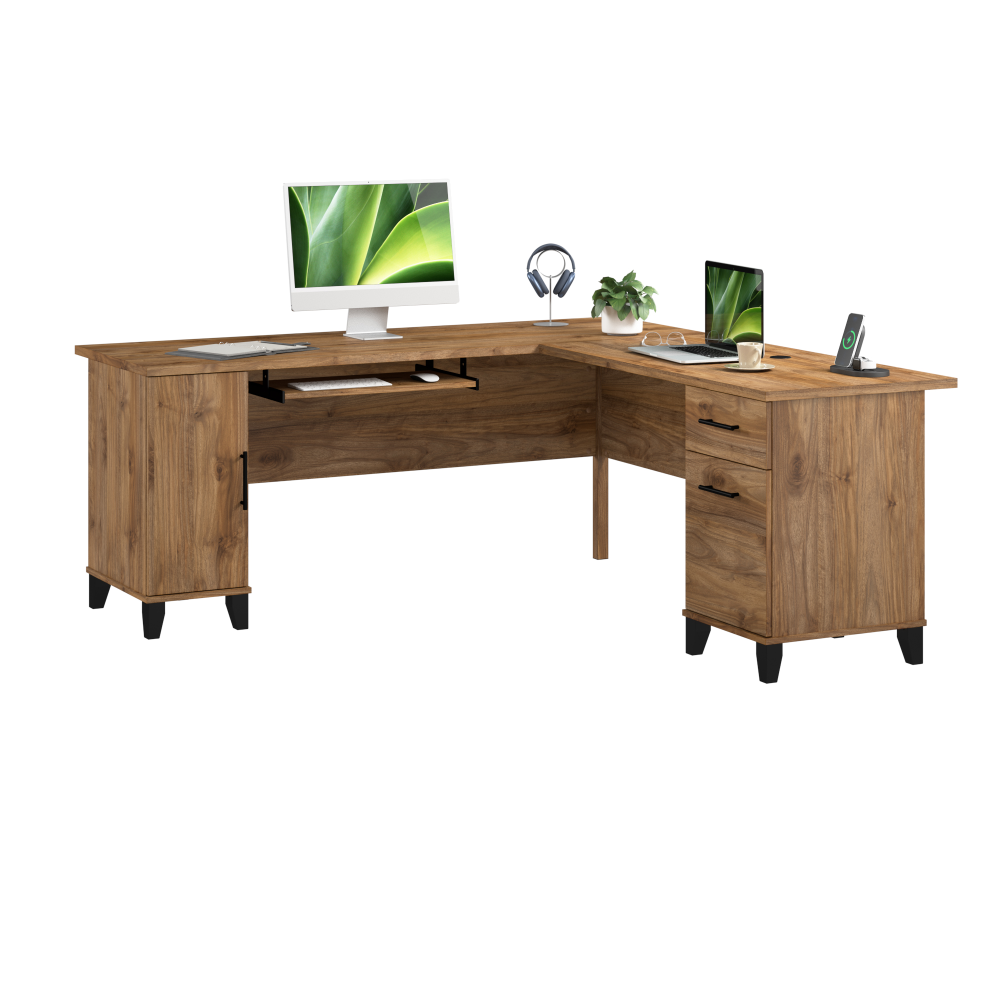 Shop Bush Home Somerset 72W L Shaped Desk with Storage, Image 02, WC81310K, #color_fresh walnut