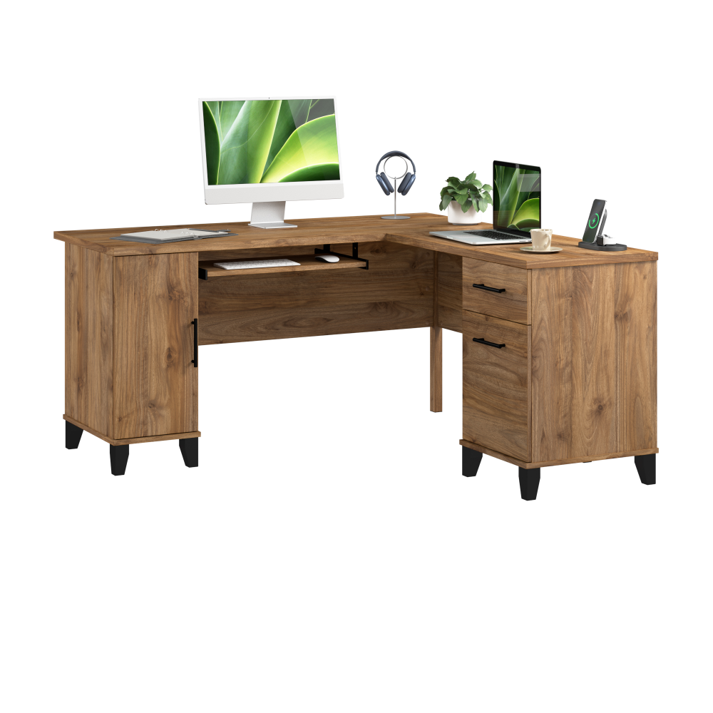 Shop Bush Home Somerset 60W L Shaped Desk with Storage, Image 02, WC81330K, #color_fresh walnut