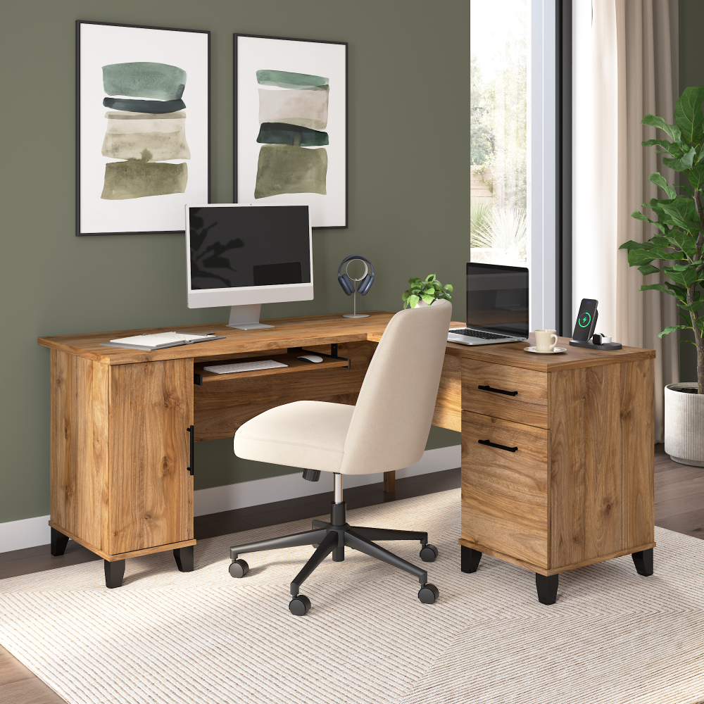 Shop Bush Home Somerset 60W L Shaped Desk with Storage, Image 01, WC81330K, #color_fresh walnut