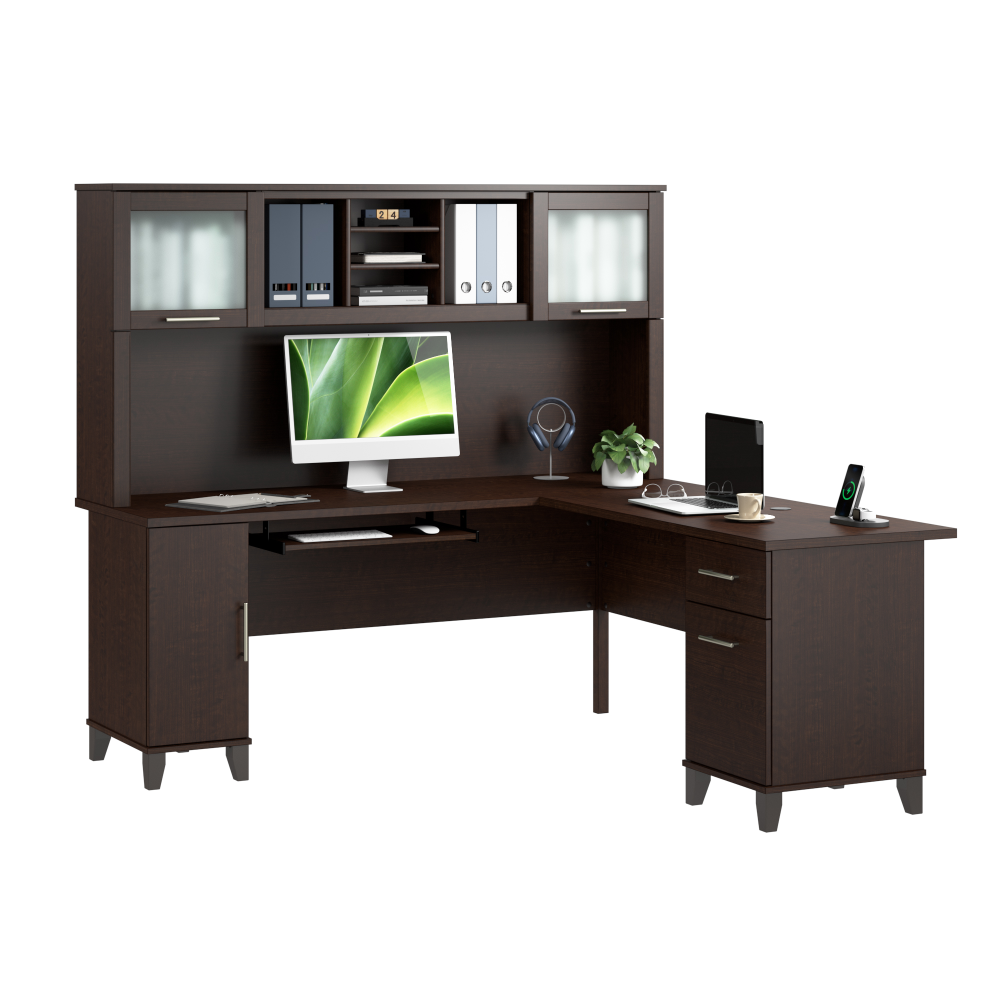 Shop Bush Home Somerset 72W L Shaped Desk with Hutch, Image 02, SET001MR, #color_mocha cherry