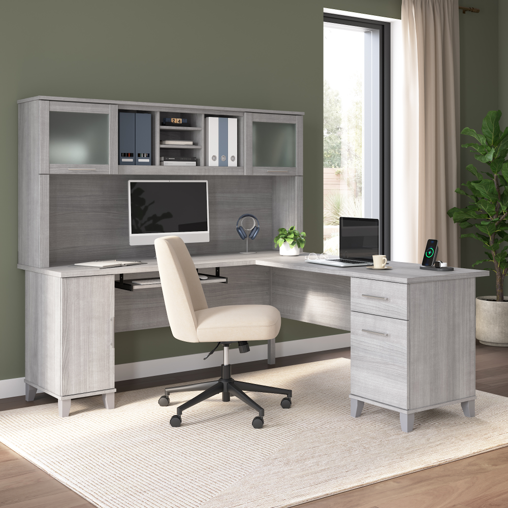 Shop Bush Home Somerset 72W L Shaped Desk with Hutch, Image 01, SET001PG, #color_platinum gray