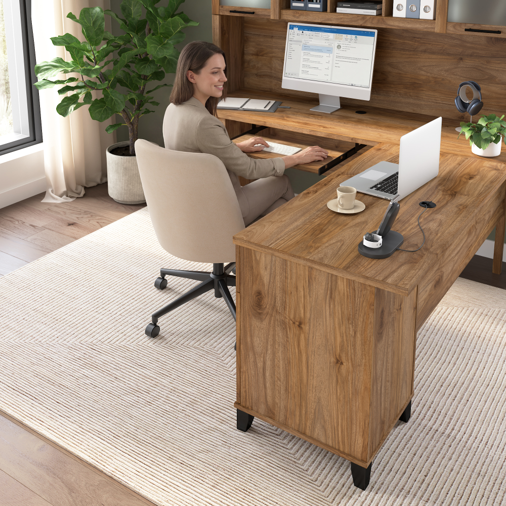 Shop Bush Home Somerset 72W L Shaped Desk with Hutch, Image 03, SET001FW, #color_fresh walnut