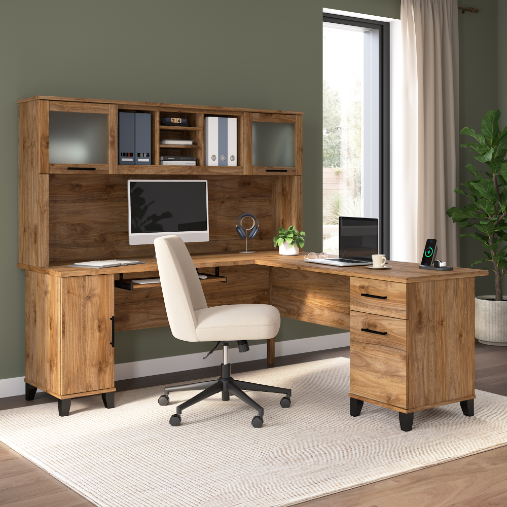 Shop Bush Home Somerset 72W L Shaped Desk with Hutch, Image 01, SET001FW, #color_fresh walnut