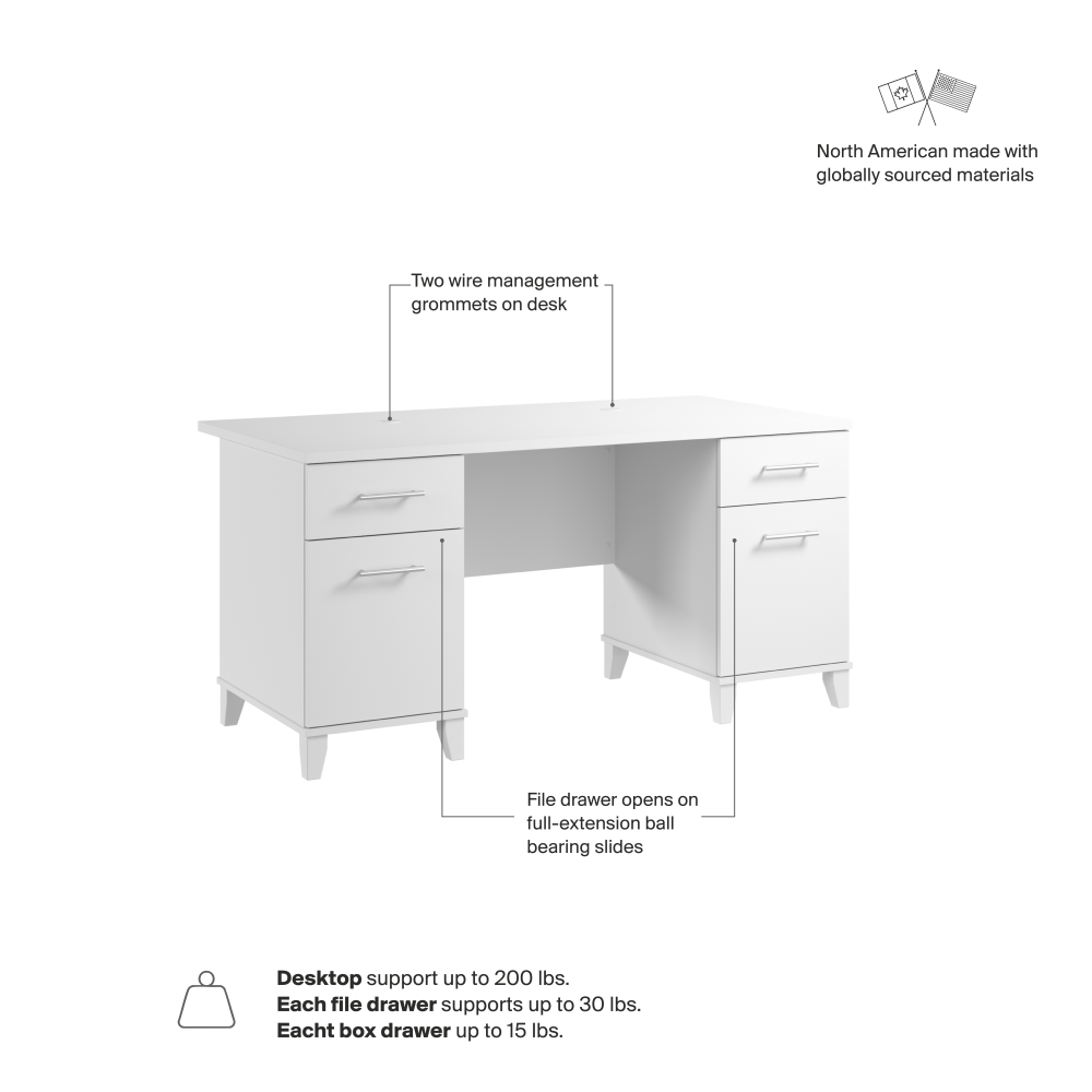 Shop Bush Home Somerset 60W Office Desk with Drawers, Image 06, WC81928K, #color_white